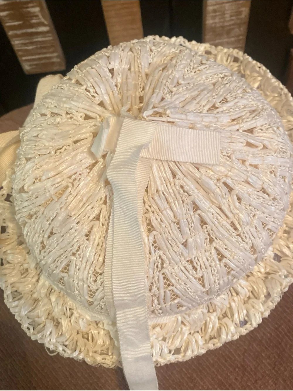 Vintage 1950’s Cream Straw Sun Hat with Bow - Women's Summer Hat